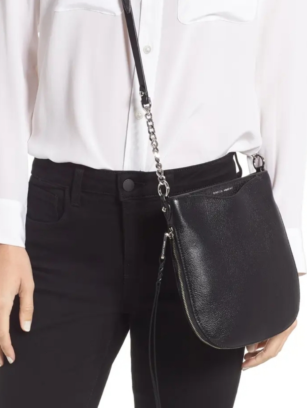 Rebecca Minkoff Black Leather Crossbody Saddle Bag with Chain Detail - Picture 2 of 15